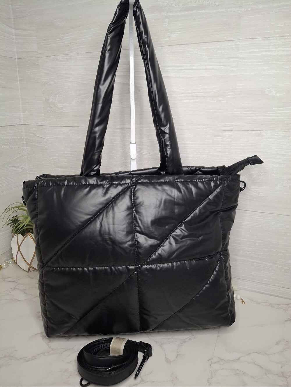 Puffer Quilted Tote Bag Black Large Convertible Shoulder Crossbody Bag NWOT